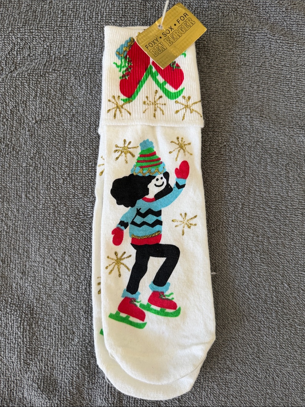 SO Ben Berger Holiday Crew Socks in White, Red & Green with Gold Accent